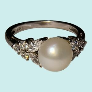 Cultured Pearl, CZ And Sterling Silver Classic Ring